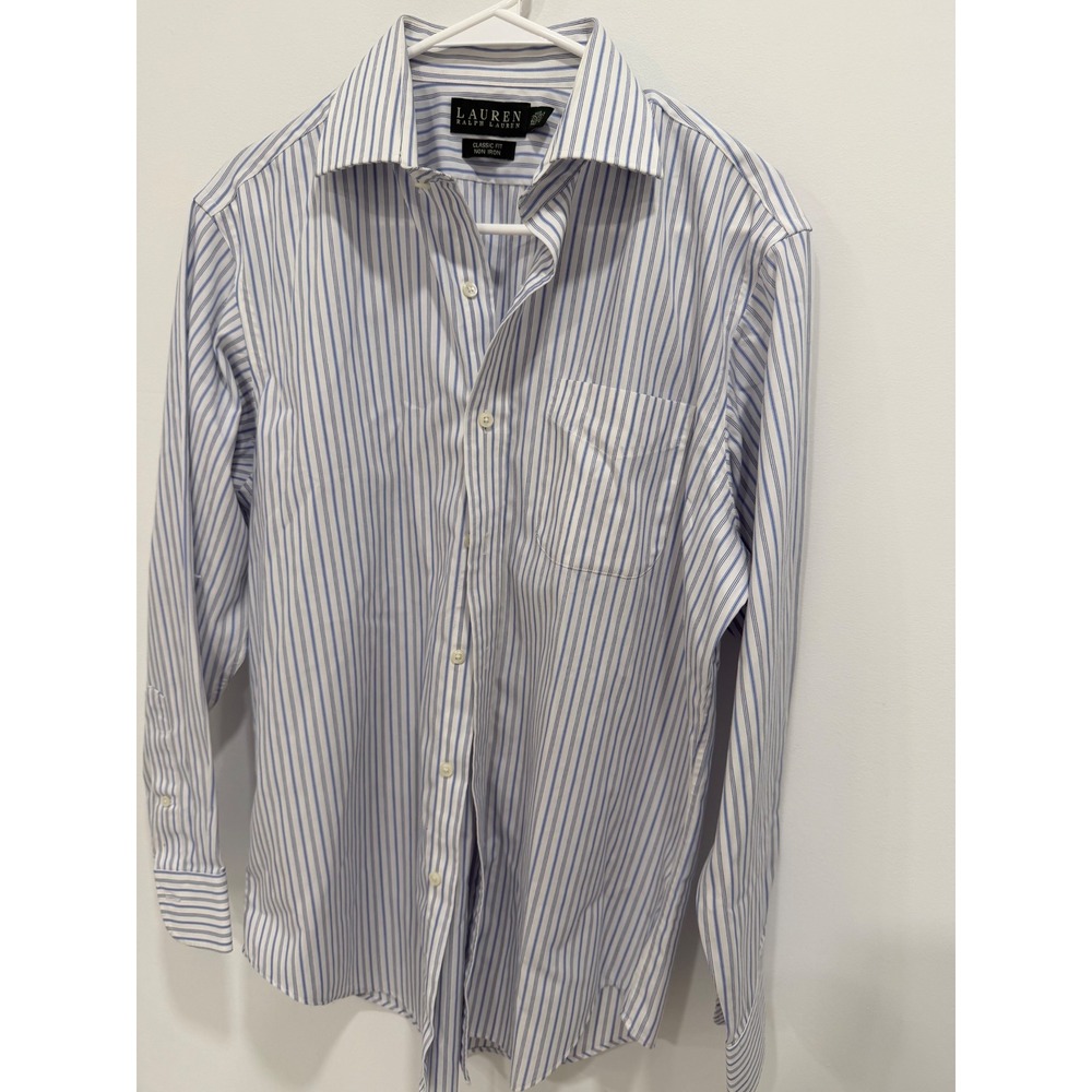 Lauren Ralph Lauren Mens Dress Shirt 15.5 32/33 Blue White Stripe Classic Fit